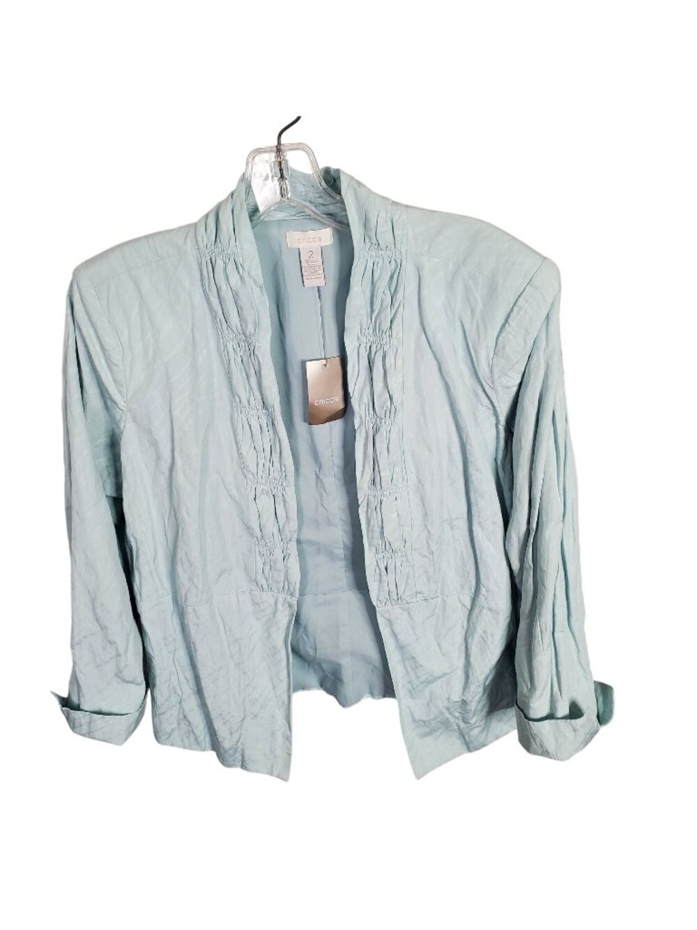 Chicos 2 Size L Jacket Open Smocked Lightweight Lined Shaped Fit Beachglass Teal